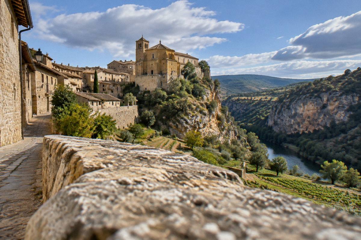 A collegiate church on a rock above a gorge with a stone village below